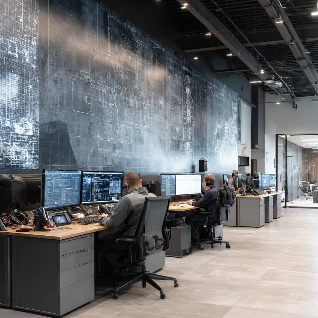 A security operations floor with multiple analyst stations