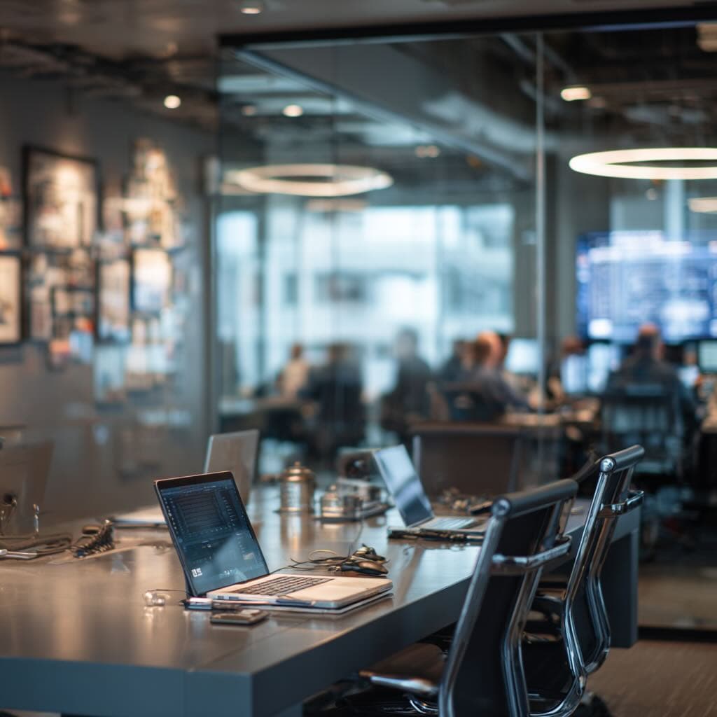 A contractor's workspace with laptops and planning materials