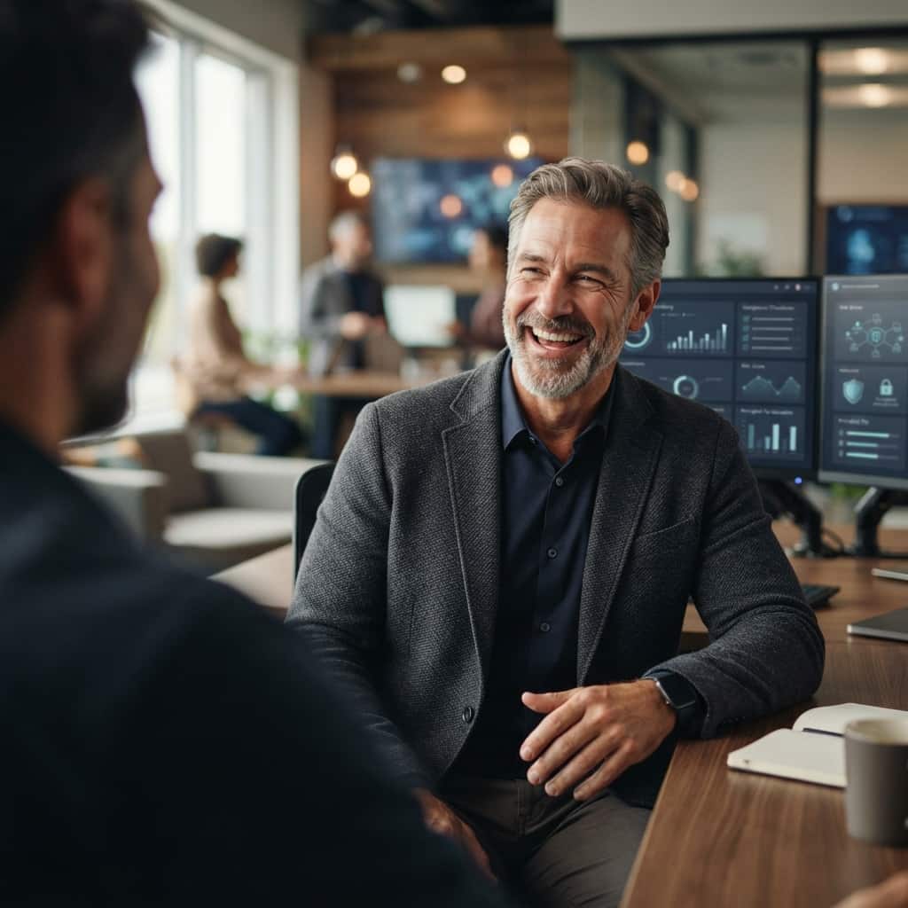 A Fortwise CMMC advisor in conversation with a defense contractor, compliance dashboards on the screens behind him