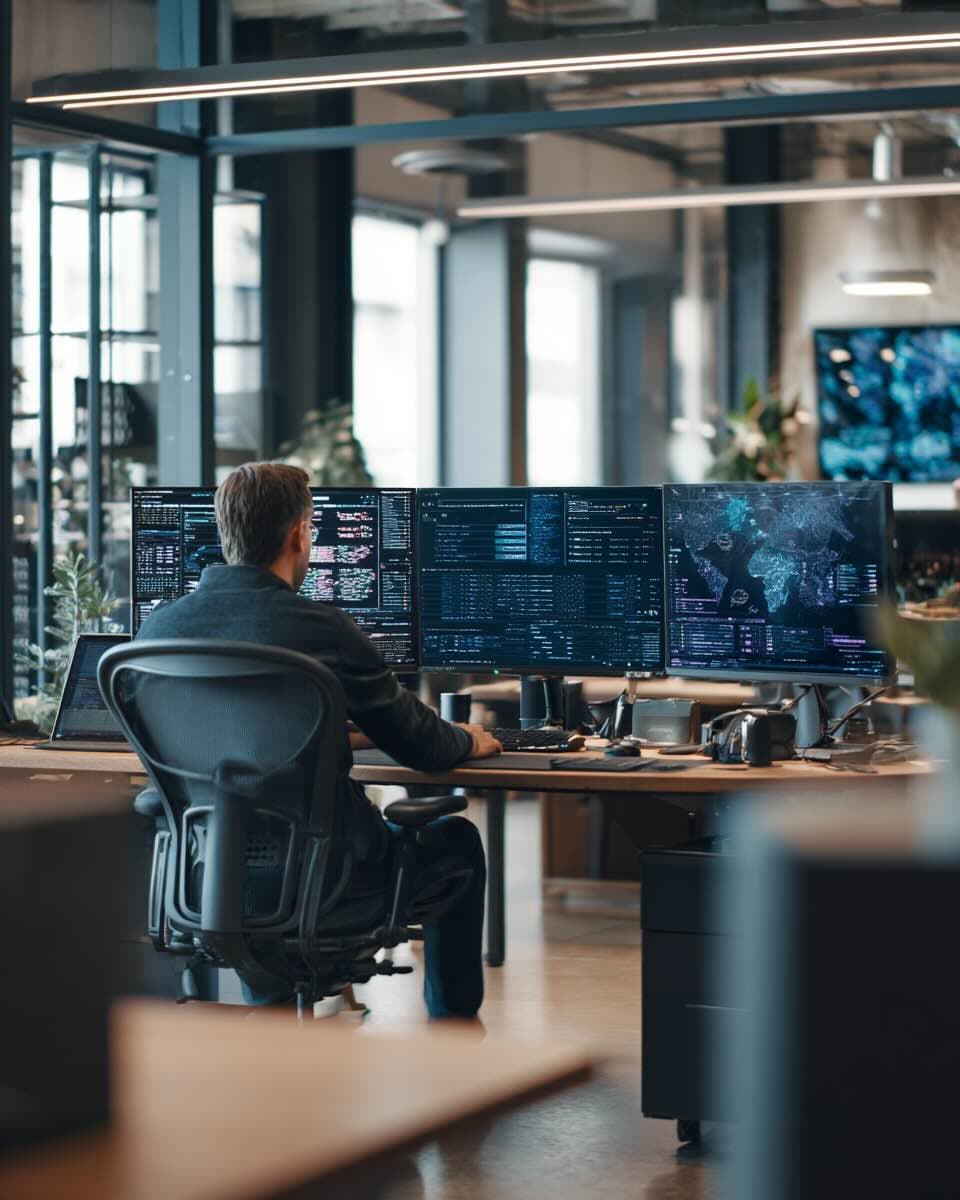 A security engineer monitoring systems in a defense operations environment